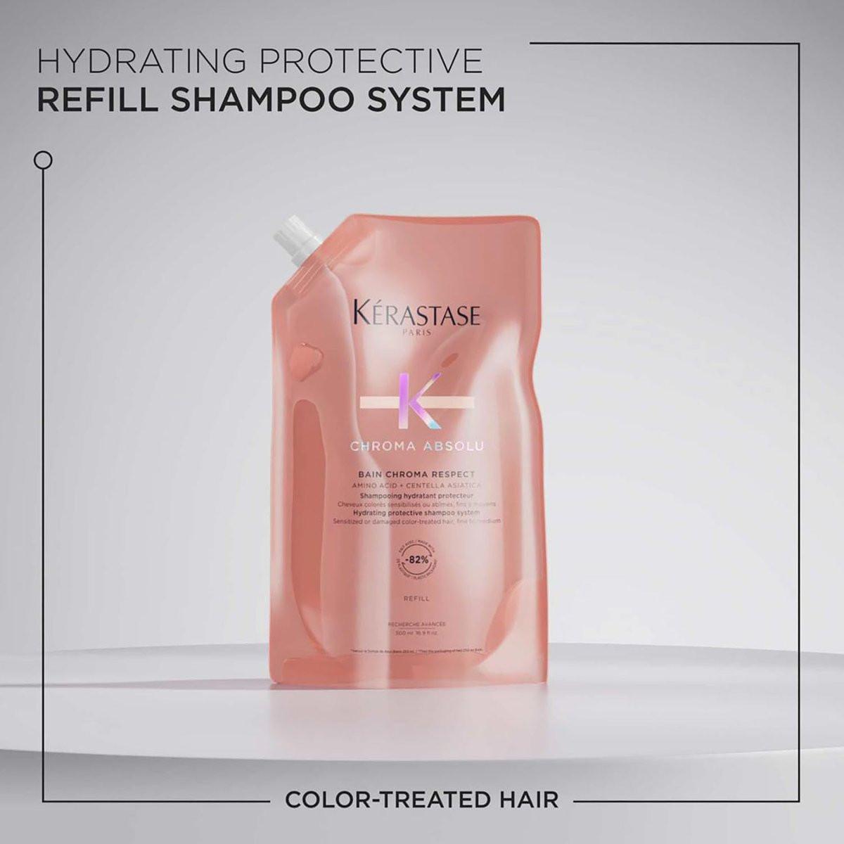 Kérastase Chroma Absolue Chroma Respect Shampoo Nachfüllbeutel – Farbschutz & Feuchtigkeit für sensibilisiertes oder geschädigtes coloriertes Haar (fein bis mittel) mit Glycerin & Hyaluronsäure, 500 ml