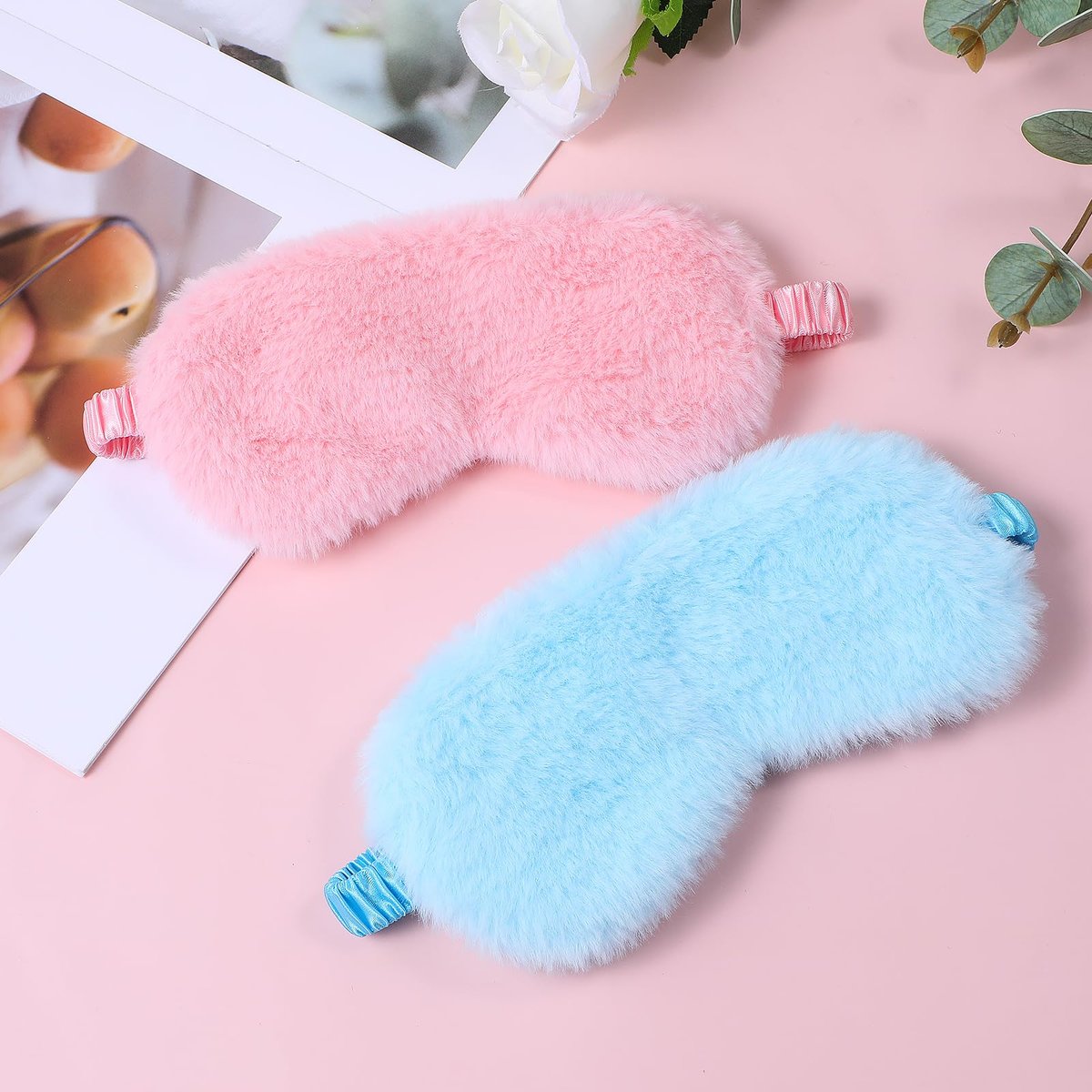 2er-Pack Plüsch Schlafmaske – Weiche Augenmaske aus kuscheligem Kunstfell für Damen und Herren (Blau & Pink)