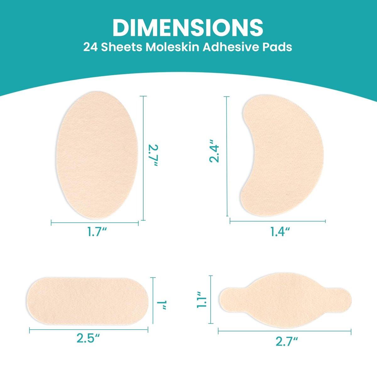 Promifun Moleskin Streifen mit Klebstoff, Blasenschutz-Pads, Molke-Haut-Tape-Aufkleber für Füße, Fersen, Schuhe, Polster – 24 Blatt in 4 Formen, Beige