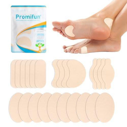 Promifun Moleskin Streifen mit Klebstoff, Blasenschutz-Pads, Molke-Haut-Tape-Aufkleber für Füße, Fersen, Schuhe, Polster – 24 Blatt in 4 Formen, Beige
