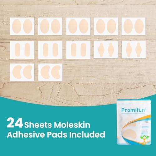 Promifun Moleskin Streifen mit Klebstoff, Blasenschutz-Pads, Molke-Haut-Tape-Aufkleber für Füße, Fersen, Schuhe, Polster – 24 Blatt in 4 Formen, Beige
