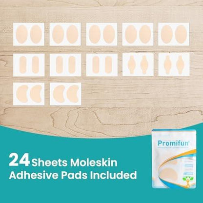 Promifun Moleskin Streifen mit Klebstoff, Blasenschutz-Pads, Molke-Haut-Tape-Aufkleber für Füße, Fersen, Schuhe, Polster – 24 Blatt in 4 Formen, Beige