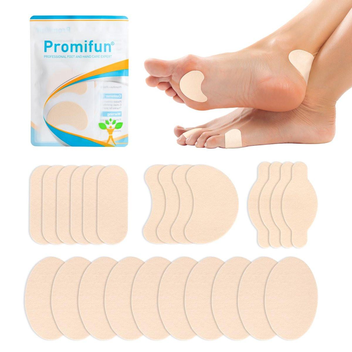 Promifun Moleskin Streifen mit Klebstoff, Blasenschutz-Pads, Molke-Haut-Tape-Aufkleber für Füße, Fersen, Schuhe, Polster – 24 Blatt in 4 Formen, Beige