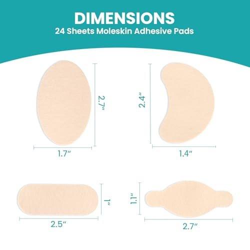 Promifun Moleskin Streifen mit Klebstoff, Blasenschutz-Pads, Molke-Haut-Tape-Aufkleber für Füße, Fersen, Schuhe, Polster – 24 Blatt in 4 Formen, Beige
