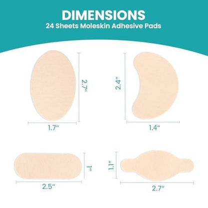 Promifun Moleskin Streifen mit Klebstoff, Blasenschutz-Pads, Molke-Haut-Tape-Aufkleber für Füße, Fersen, Schuhe, Polster – 24 Blatt in 4 Formen, Beige