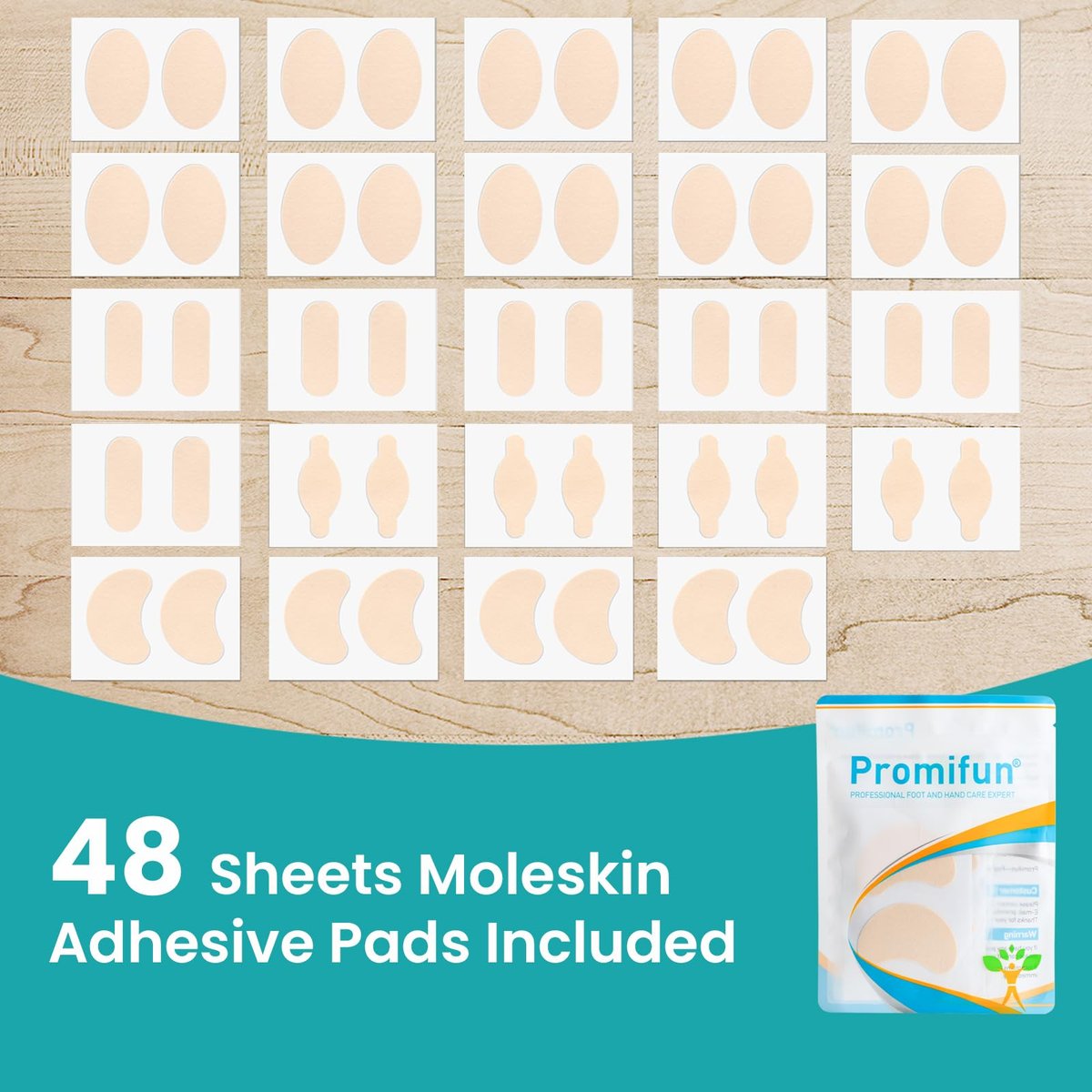 Promifun Moleskin-Streifen mit Klebstoff, Blasenschutz-Pads, Maulwurfshaut-Aufkleber für Fersen und Schuhe, 48 Blatt in 4 Formen, Beige