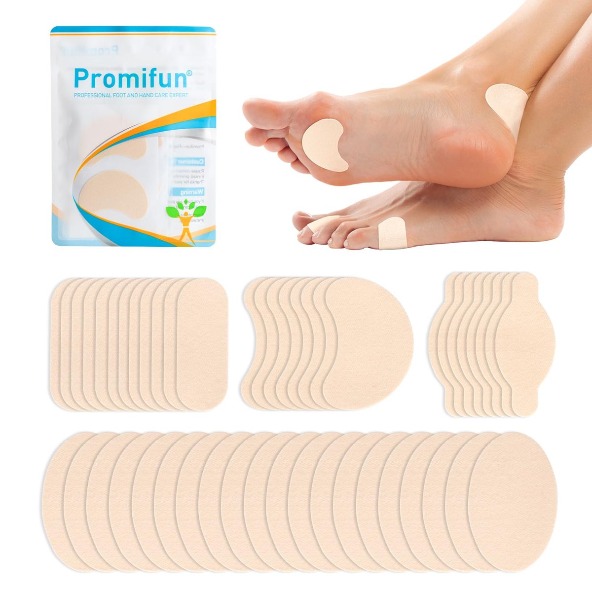 Promifun Moleskin-Streifen mit Klebstoff, Blasenschutz-Pads, Maulwurfshaut-Aufkleber für Fersen und Schuhe, 48 Blatt in 4 Formen, Beige