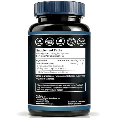 WELLNESS LABSRX Resveratrol Supplement 1000mg, 120 Kapseln (60 Tage Vorrat), Hochreines Trans-Resveratrol für gesundes Altern, Anti-Aging und Herzunterstützung - Vegan, Keto