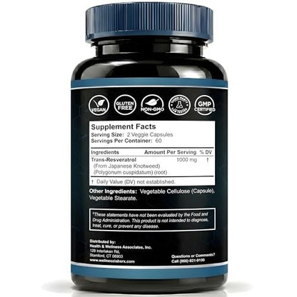 WELLNESS LABSRX Resveratrol Supplement 1000mg, 120 Kapseln (60 Tage Vorrat), Hochreines Trans-Resveratrol für gesundes Altern, Anti-Aging und Herzunterstützung - Vegan, Keto