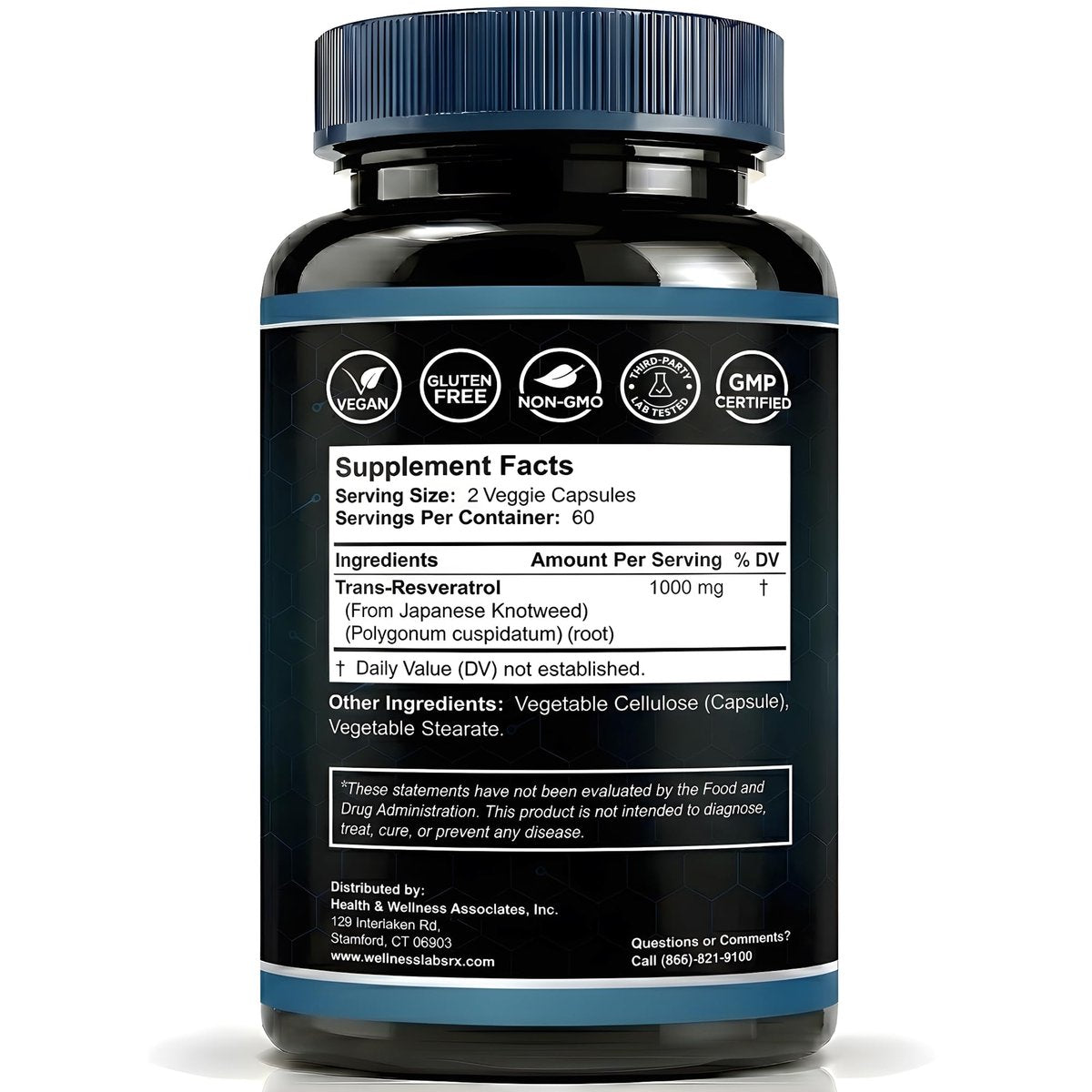 WELLNESS LABSRX Resveratrol Supplement 1000mg, 120 Kapseln (60 Tage Vorrat), Hochreines Trans-Resveratrol für gesundes Altern, Anti-Aging und Herzunterstützung - Vegan, Keto