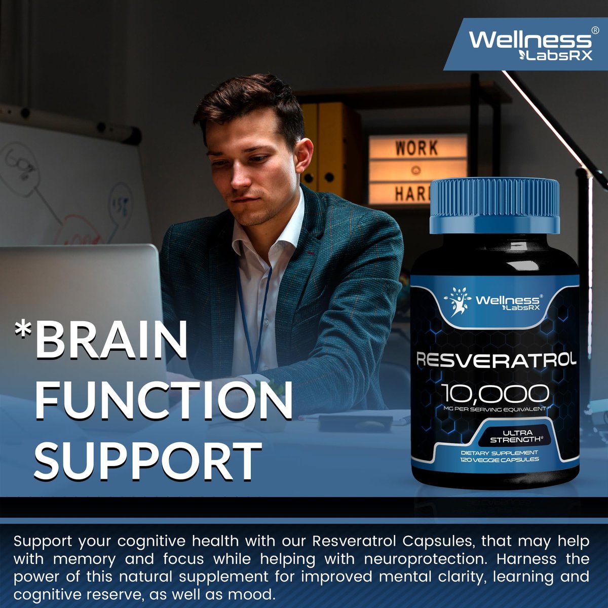 WELLNESS LABSRX Resveratrol Supplement 1000mg, 120 Kapseln (60 Tage Vorrat), Hochreines Trans-Resveratrol für gesundes Altern, Anti-Aging und Herzunterstützung - Vegan, Keto