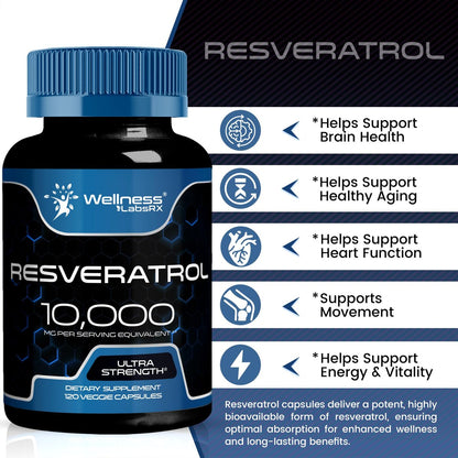WELLNESS LABSRX Resveratrol Supplement 1000mg, 120 Kapseln (60 Tage Vorrat), Hochreines Trans-Resveratrol für gesundes Altern, Anti-Aging und Herzunterstützung - Vegan, Keto
