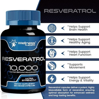 WELLNESS LABSRX Resveratrol Supplement 1000mg, 120 Kapseln (60 Tage Vorrat), Hochreines Trans-Resveratrol für gesundes Altern, Anti-Aging und Herzunterstützung - Vegan, Keto