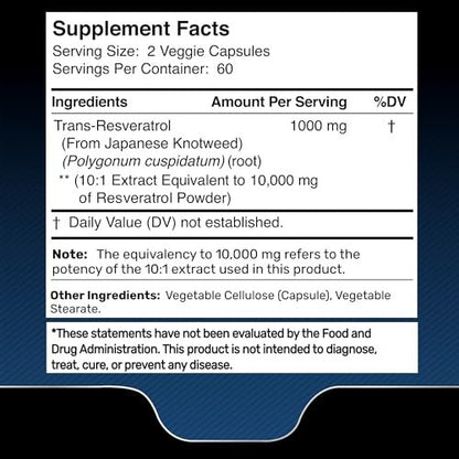 WELLNESS LABSRX Resveratrol Supplement 1000mg, 120 Kapseln (60 Tage Vorrat), Hochreines Trans-Resveratrol für gesundes Altern, Anti-Aging und Herzunterstützung - Vegan, Keto