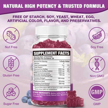 VAJYKEWJY Zuckerfreie Glucosamin Chondroitin Gummis, 2000 mg Extra Stärke mit MSM & Kurkuma, Gelenkunterstützung, Antioxidans Immununterstützung - 60 Gummis