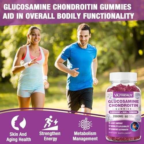 VAJYKEWJY Zuckerfreie Glucosamin Chondroitin Gummis, 2000 mg Extra Stärke mit MSM & Kurkuma, Gelenkunterstützung, Antioxidans Immununterstützung - 60 Gummis