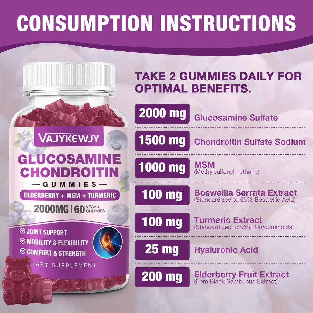 VAJYKEWJY Zuckerfreie Glucosamin Chondroitin Gummis, 2000 mg Extra Stärke mit MSM & Kurkuma, Gelenkunterstützung, Antioxidans Immununterstützung - 60 Gummis