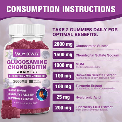 VAJYKEWJY Zuckerfreie Glucosamin Chondroitin Gummis, 2000 mg Extra Stärke mit MSM & Kurkuma, Gelenkunterstützung, Antioxidans Immununterstützung - 60 Gummis