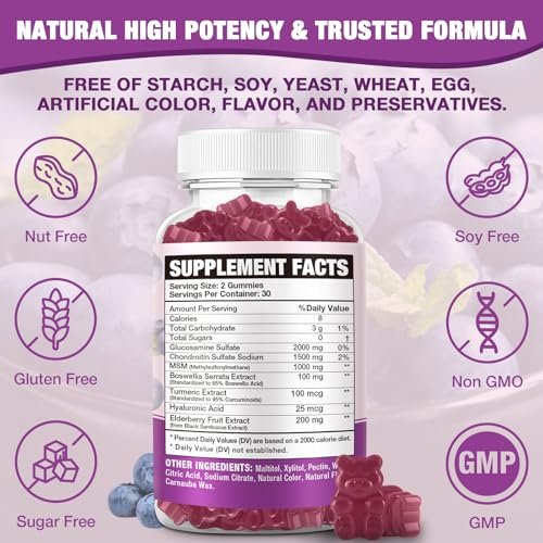 VAJYKEWJY Zuckerfreie Glucosamin Chondroitin Gummis, 2000 mg Extra Stärke mit MSM & Kurkuma, Gelenkunterstützung, Antioxidans Immununterstützung - 60 Gummis