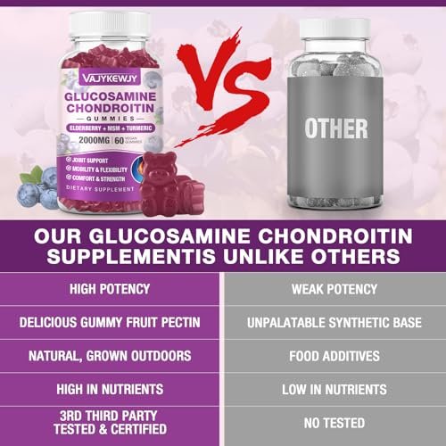VAJYKEWJY Zuckerfreie Glucosamin Chondroitin Gummis, 2000 mg Extra Stärke mit MSM & Kurkuma, Gelenkunterstützung, Antioxidans Immununterstützung - 60 Gummis