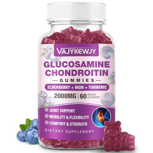 VAJYKEWJY Zuckerfreie Glucosamin Chondroitin Gummis, 2000 mg Extra Stärke mit MSM & Kurkuma, Gelenkunterstützung, Antioxidans Immununterstützung - 60 Gummis