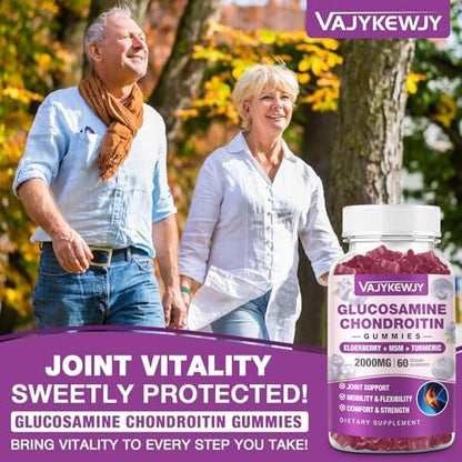 VAJYKEWJY Zuckerfreie Glucosamin Chondroitin Gummis, 2000 mg Extra Stärke mit MSM & Kurkuma, Gelenkunterstützung, Antioxidans Immununterstützung - 60 Gummis