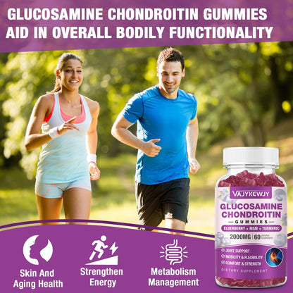 VAJYKEWJY Zuckerfreie Glucosamin Chondroitin Gummis, 2000 mg Extra Stärke mit MSM & Kurkuma, Gelenkunterstützung, Antioxidans Immununterstützung - 60 Gummis