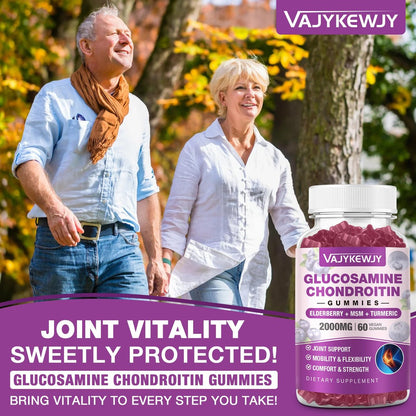 VAJYKEWJY Zuckerfreie Glucosamin Chondroitin Gummis, 2000 mg Extra Stärke mit MSM & Kurkuma, Gelenkunterstützung, Antioxidans Immununterstützung - 60 Gummis