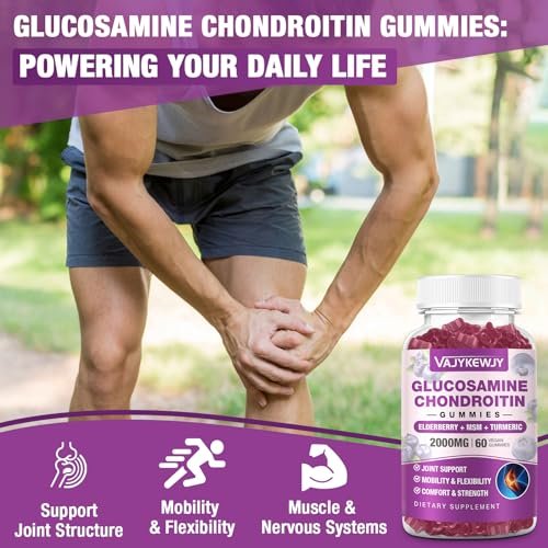 VAJYKEWJY Zuckerfreie Glucosamin Chondroitin Gummis, 2000 mg Extra Stärke mit MSM & Kurkuma, Gelenkunterstützung, Antioxidans Immununterstützung - 60 Gummis