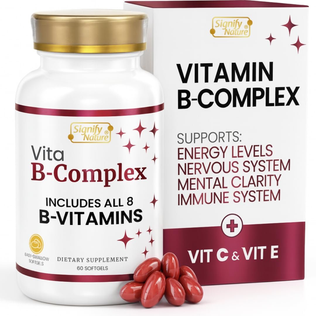 SIGNIFY NATURE VitaBComplex mit Vitamin C und E – B-Komplex Vitamine für Frauen & Männer, B-Komplex Nahrungsergänzung, VIT B1, B2, B3, B5, B6, B8, B9, B12 – Super B Softgels – 60 Stück