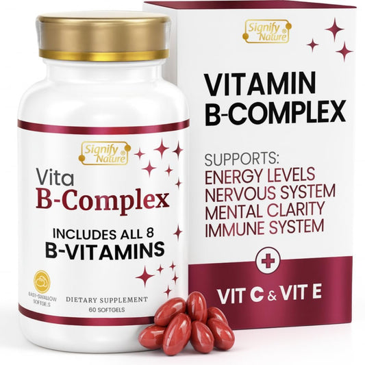 SIGNIFY NATURE VitaBComplex mit Vitamin C und E – B-Komplex Vitamine für Frauen & Männer, B-Komplex Nahrungsergänzung, VIT B1, B2, B3, B5, B6, B8, B9, B12 – Super B Softgels – 60 Stück