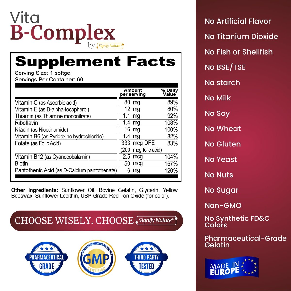 SIGNIFY NATURE VitaBComplex mit Vitamin C und E – B-Komplex Vitamine für Frauen & Männer, B-Komplex Nahrungsergänzung, VIT B1, B2, B3, B5, B6, B8, B9, B12 – Super B Softgels – 60 Stück