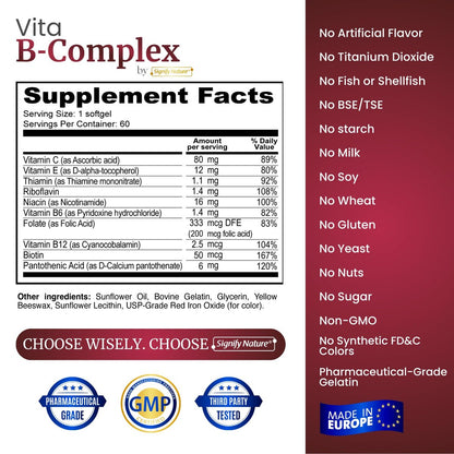 SIGNIFY NATURE VitaBComplex mit Vitamin C und E – B-Komplex Vitamine für Frauen & Männer, B-Komplex Nahrungsergänzung, VIT B1, B2, B3, B5, B6, B8, B9, B12 – Super B Softgels – 60 Stück