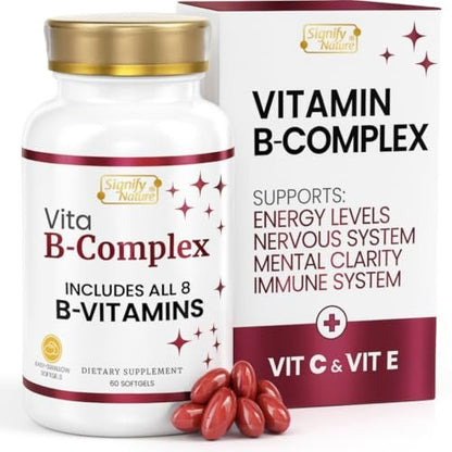 SIGNIFY NATURE VitaBComplex mit Vitamin C und E – B-Komplex Vitamine für Frauen & Männer, B-Komplex Nahrungsergänzung, VIT B1, B2, B3, B5, B6, B8, B9, B12 – Super B Softgels – 60 Stück