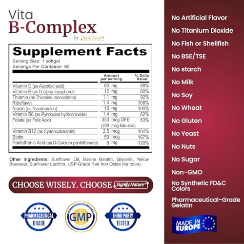 SIGNIFY NATURE VitaBComplex mit Vitamin C und E – B-Komplex Vitamine für Frauen & Männer, B-Komplex Nahrungsergänzung, VIT B1, B2, B3, B5, B6, B8, B9, B12 – Super B Softgels – 60 Stück