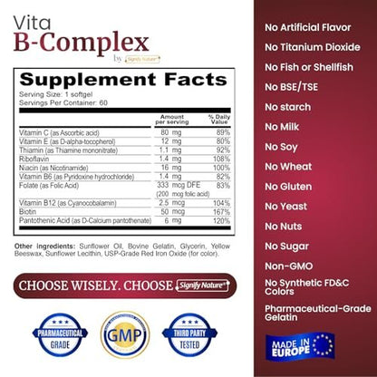 SIGNIFY NATURE VitaBComplex mit Vitamin C und E – B-Komplex Vitamine für Frauen & Männer, B-Komplex Nahrungsergänzung, VIT B1, B2, B3, B5, B6, B8, B9, B12 – Super B Softgels – 60 Stück