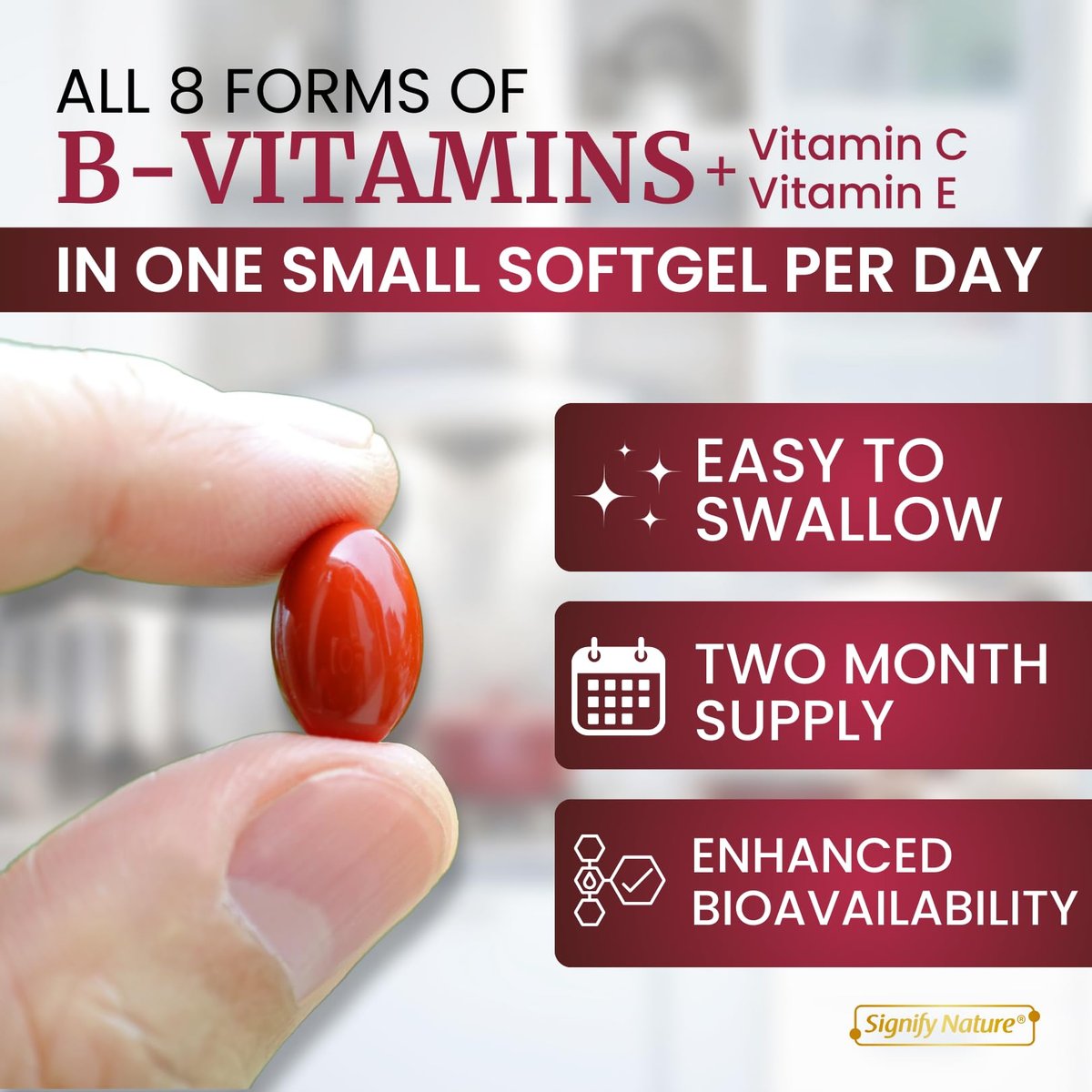 SIGNIFY NATURE VitaBComplex mit Vitamin C und E – B-Komplex Vitamine für Frauen & Männer, B-Komplex Nahrungsergänzung, VIT B1, B2, B3, B5, B6, B8, B9, B12 – Super B Softgels – 60 Stück