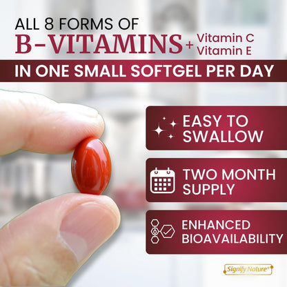 SIGNIFY NATURE VitaBComplex mit Vitamin C und E – B-Komplex Vitamine für Frauen & Männer, B-Komplex Nahrungsergänzung, VIT B1, B2, B3, B5, B6, B8, B9, B12 – Super B Softgels – 60 Stück