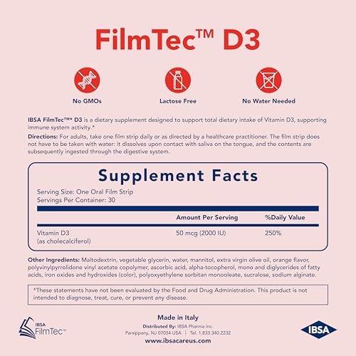 Ibsa FilmTec D3 - Nahrungsergänzungsmittel mit 2000 IE Vitamin D3 – 30 Mundlösliche Folien für sofortige Freisetzung und Verträglichkeit - Glutenfrei, Laktosefrei, Zuckerfrei, Ohne Gentechnik
