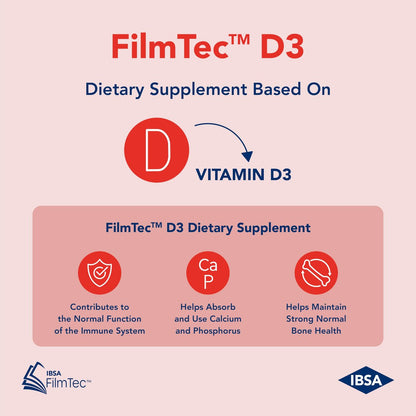 Ibsa FilmTec D3 - Nahrungsergänzungsmittel mit 2000 IE Vitamin D3 – 30 Mundlösliche Folien für sofortige Freisetzung und Verträglichkeit - Glutenfrei, Laktosefrei, Zuckerfrei, Ohne Gentechnik