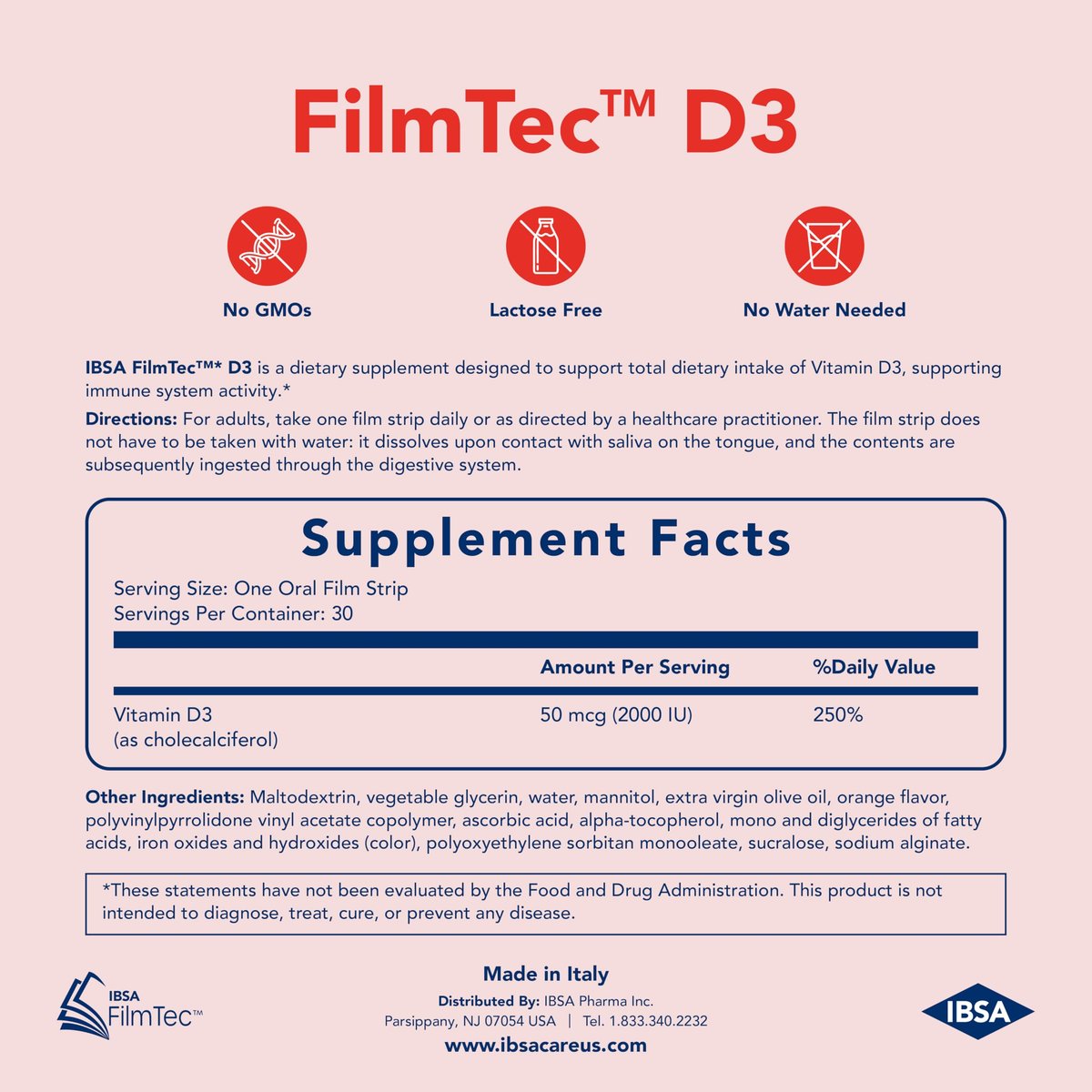 Ibsa FilmTec D3 - Nahrungsergänzungsmittel mit 2000 IE Vitamin D3 – 30 Mundlösliche Folien für sofortige Freisetzung und Verträglichkeit - Glutenfrei, Laktosefrei, Zuckerfrei, Ohne Gentechnik