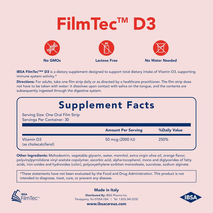 Ibsa FilmTec D3 - Nahrungsergänzungsmittel mit 2000 IE Vitamin D3 – 30 Mundlösliche Folien für sofortige Freisetzung und Verträglichkeit - Glutenfrei, Laktosefrei, Zuckerfrei, Ohne Gentechnik