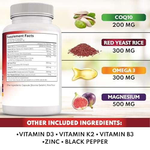 NEW AGE CoQ10 200mg mit Rotem Hefereis, Omega 3, Magnesium-Komplex, Zink, Vitamin K2 & D3 – Herzgesundheit-Unterstützung für Frauen und Männer mit Vitamin B3, Coenzym Q10 – 60 Kapseln
