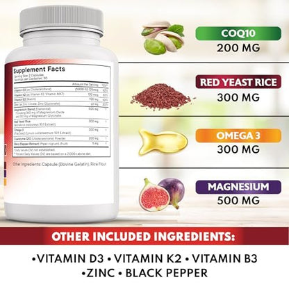 NEW AGE CoQ10 200mg mit Rotem Hefereis, Omega 3, Magnesium-Komplex, Zink, Vitamin K2 & D3 – Herzgesundheit-Unterstützung für Frauen und Männer mit Vitamin B3, Coenzym Q10 – 60 Kapseln
