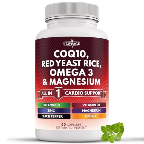 NEW AGE CoQ10 200mg mit Rotem Hefereis, Omega 3, Magnesium-Komplex, Zink, Vitamin K2 & D3 – Herzgesundheit-Unterstützung für Frauen und Männer mit Vitamin B3, Coenzym Q10 – 60 Kapseln