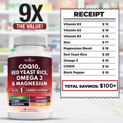 NEW AGE CoQ10 200mg mit Rotem Hefereis, Omega 3, Magnesium-Komplex, Zink, Vitamin K2 & D3 – Herzgesundheit-Unterstützung für Frauen und Männer mit Vitamin B3, Coenzym Q10 – 60 Kapseln