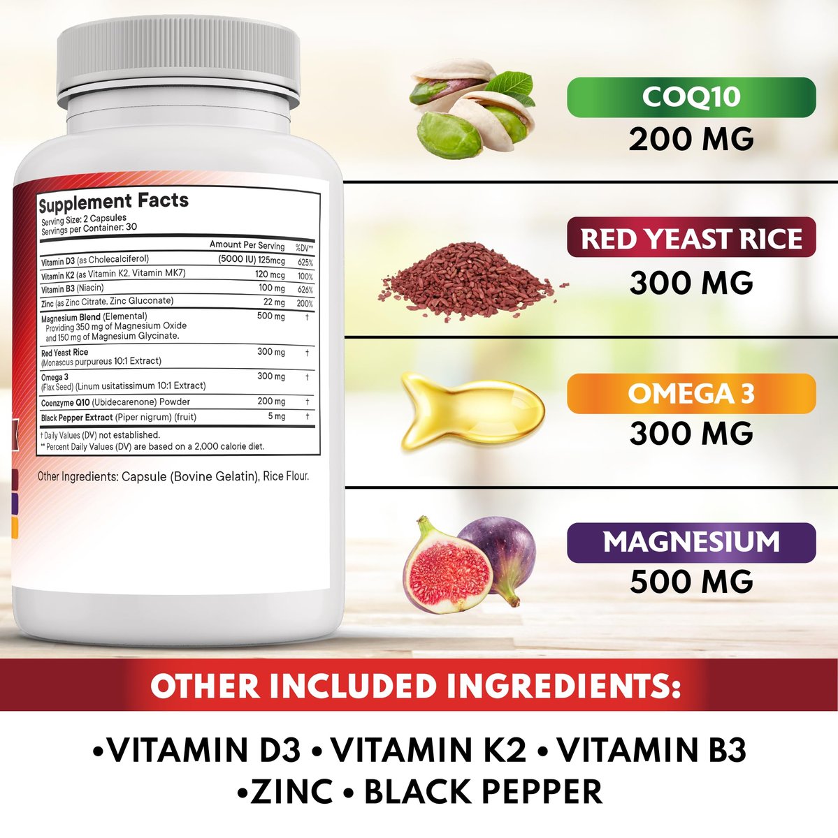 NEW AGE CoQ10 200mg mit Rotem Hefereis, Omega 3, Magnesium-Komplex, Zink, Vitamin K2 & D3 – Herzgesundheit-Unterstützung für Frauen und Männer mit Vitamin B3, Coenzym Q10 – 60 Kapseln