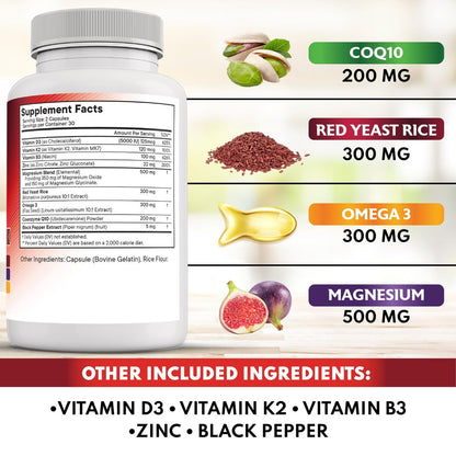 NEW AGE CoQ10 200mg mit Rotem Hefereis, Omega 3, Magnesium-Komplex, Zink, Vitamin K2 & D3 – Herzgesundheit-Unterstützung für Frauen und Männer mit Vitamin B3, Coenzym Q10 – 60 Kapseln