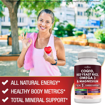 NEW AGE CoQ10 200mg mit Rotem Hefereis, Omega 3, Magnesium-Komplex, Zink, Vitamin K2 & D3 – Herzgesundheit-Unterstützung für Frauen und Männer mit Vitamin B3, Coenzym Q10 – 60 Kapseln