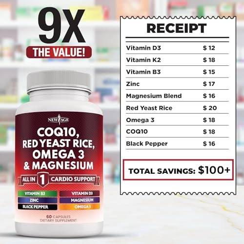 NEW AGE CoQ10 200mg mit Rotem Hefereis, Omega 3, Magnesium-Komplex, Zink, Vitamin K2 & D3 – Herzgesundheit-Unterstützung für Frauen und Männer mit Vitamin B3, Coenzym Q10 – 60 Kapseln